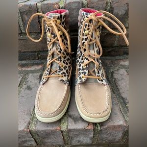 Sperry Women's Hikerfish Boots Brown Leather Leopard Print 8M - Lightly Loved!